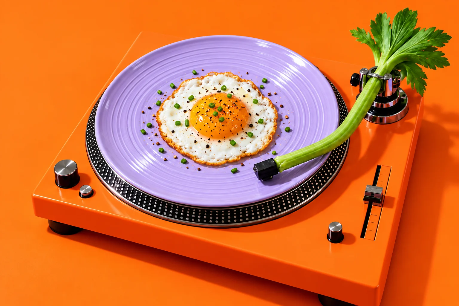 Spiegelei auf einem Plattenteller mit Gemüse-Tonarm: Brunch trifft Musik